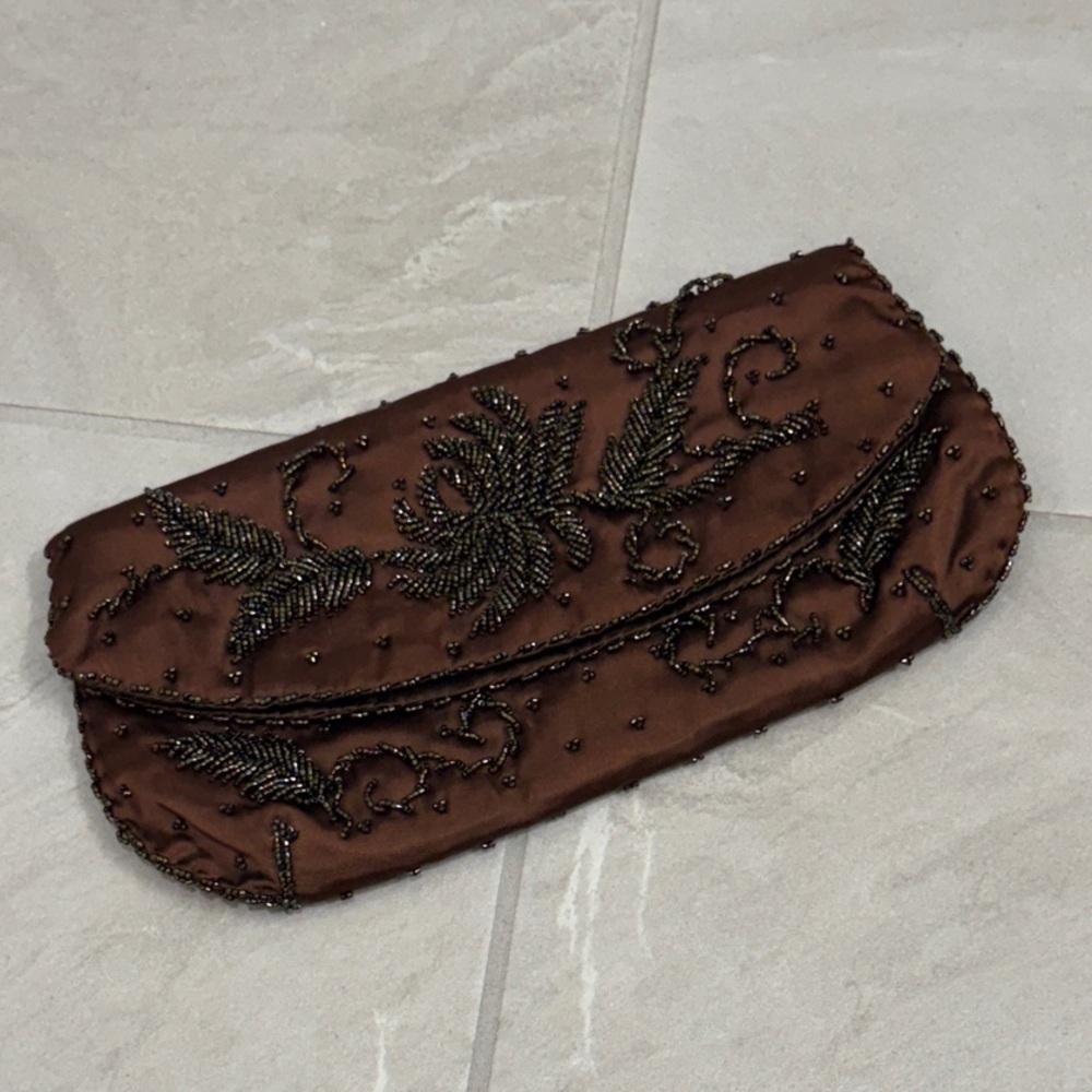 Vintage Dormar Handmade Brown Satin Beaded Clutch